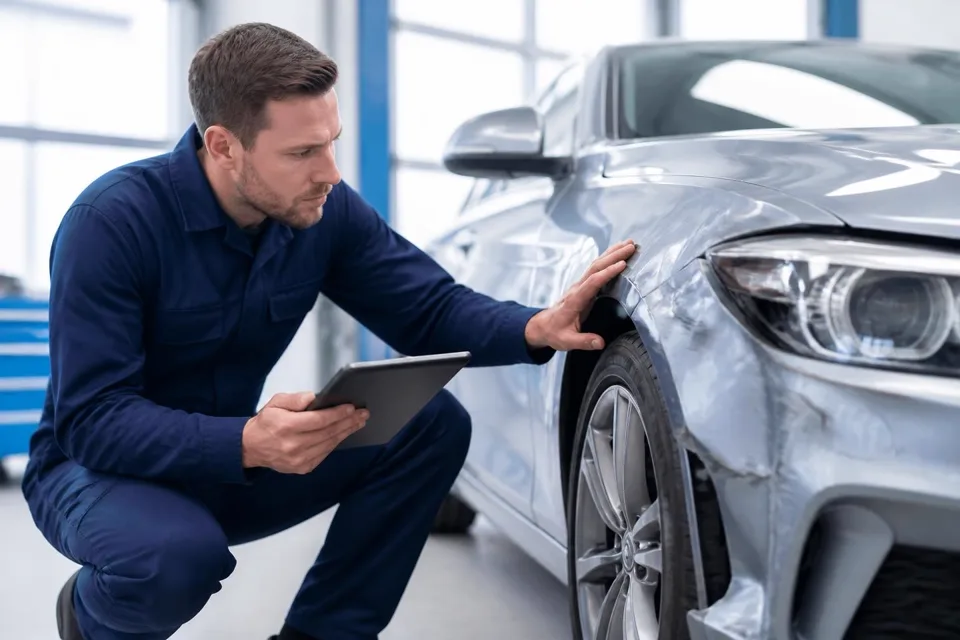 SAR Group technician assessing accident damage to a car in the Bristol repair centre